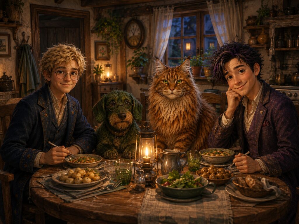 Peter, Lumer;Xander und Waldemar beim Abendessen