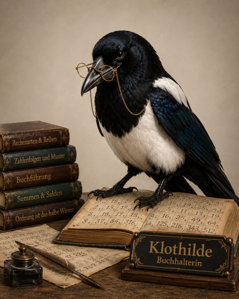 Die Elster Klothilde mit Brille