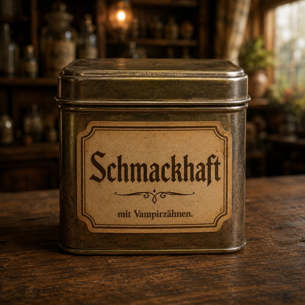 Eine Dose "Schmackhaft mit Vampirzähnen"
