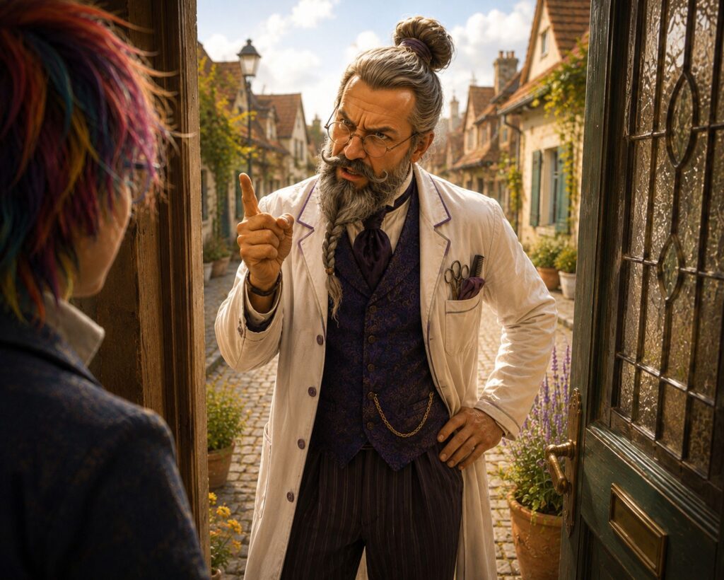 Der Friseurmeister Zockerias Stilling schimpft