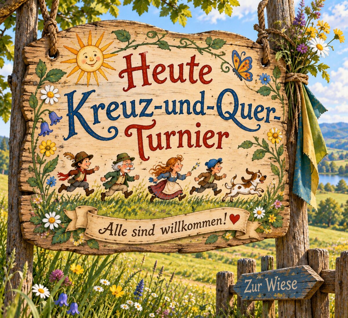 Das Holzschild mit dem Text: Heute Kreuz und Quer Turnier