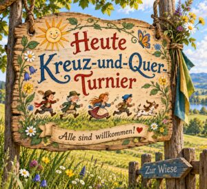 Das Holzschild mit dem Text: Heute Kreuz und Quer Turnier