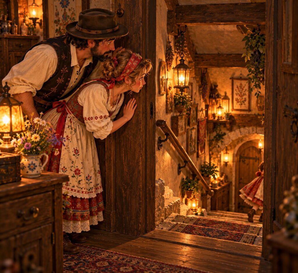 Die Eltern horchen an der Treppe